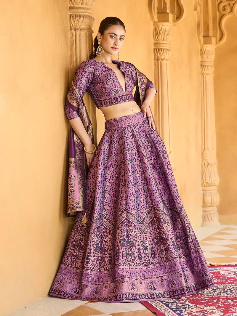 PURVAJA Women's Kanjiwaram Semi-Stitched Lehenga choli (Nadira-Purple_Free Size) - Image 2