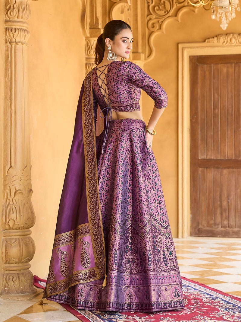 PURVAJA Women's Kanjiwaram Semi-Stitched Lehenga choli (Nadira-Purple_Free Size) - Image 3