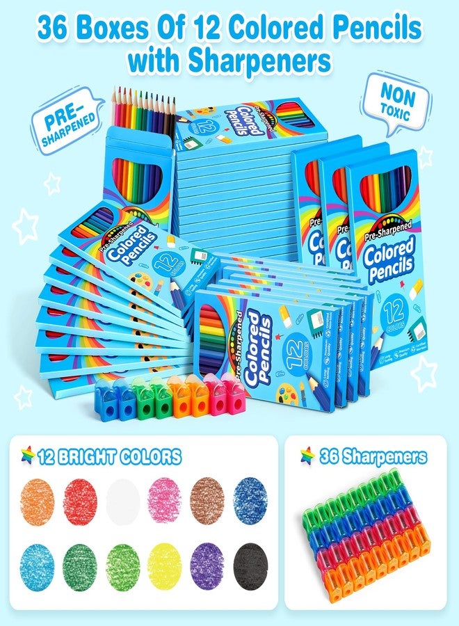 V-Opitos 432 Count Colored Pencils Bulk, 36 Pack 12 Assorted Colors with Sharpener, Pre-sharpened Coloring Pencils for Kids, Ideal School Classroom Supplies - Image 2