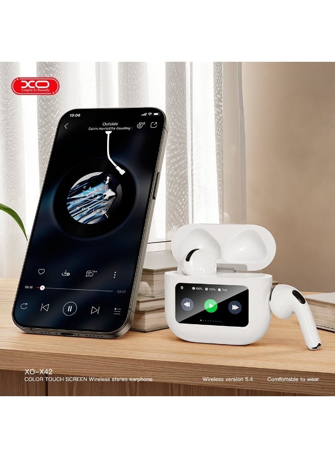 ايربودز بلوتوث XO-X42 ستيريو لاسلكية بشاشة لمس ملونة وتقنية بلوتوث 5.4 –تشغيل حتي 5 ساعات –ابيض