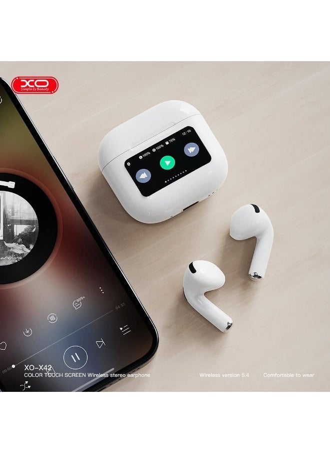 ايربودز بلوتوث XO-X42 ستيريو لاسلكية بشاشة لمس ملونة وتقنية بلوتوث 5.4 –تشغيل حتي 5 ساعات –ابيض