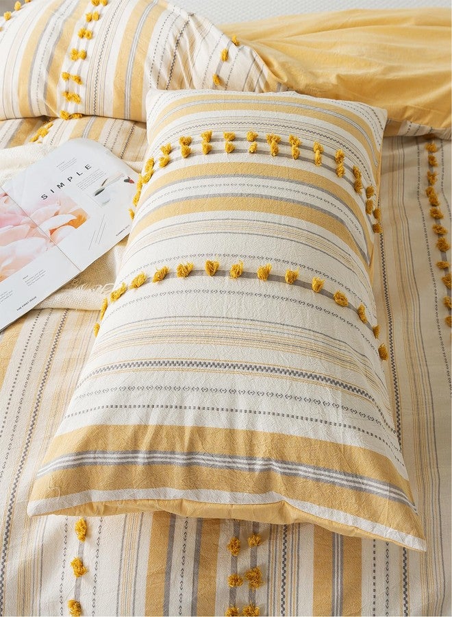 La Sheer Washed Cotton Queen Size Duvet Cover Set - Tufted Dots Boho Chic Bedding for All Seasons, Striped Pom Pom Bedding Linen Like Textured Breathable Durable Soft Comfy (Yellow, 90x90'') - Image 5