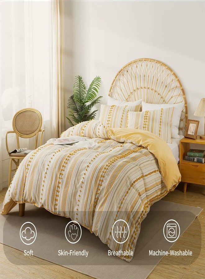 La Sheer Washed Cotton Queen Size Duvet Cover Set - Tufted Dots Boho Chic Bedding for All Seasons, Striped Pom Pom Bedding Linen Like Textured Breathable Durable Soft Comfy (Yellow, 90x90'') - Image 2