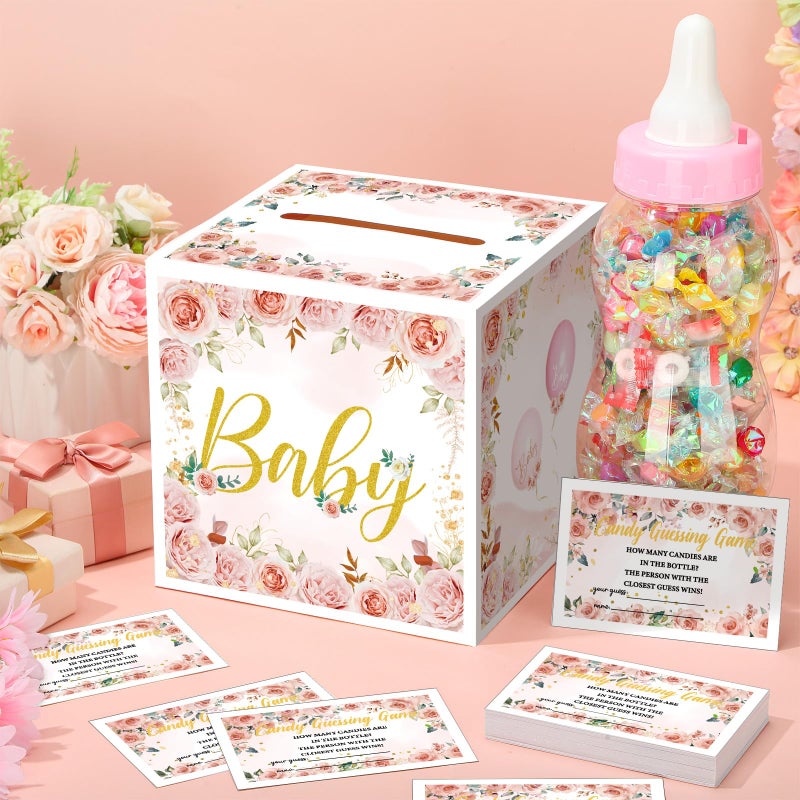 Glenmal 52 Pcs Baby Shower Games Gift Sets Large Baby Bottle for Shower Game Guess How Many Candies Decorations for Gender Reveal(Flower) - Image 2