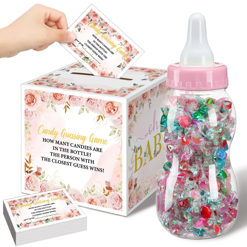 Glenmal 52 Pcs Baby Shower Games Gift Sets Large Baby Bottle for Shower Game Guess How Many Candies Decorations for Gender Reveal(Flower) - Image 1
