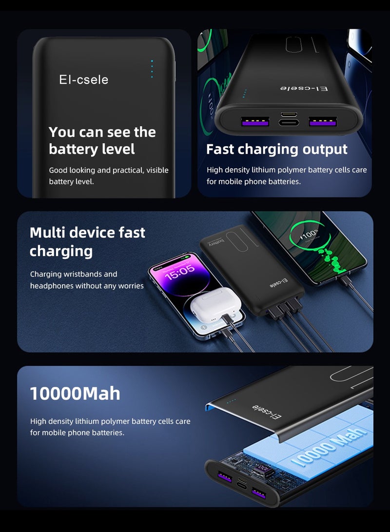 El-csele 10000mAh Power Bank Fast Charging for Samsung iPhone Huawei etc. Triple Ports for Phones iPad Earbuds Compact Travel Design Long-Lasting Battery with Type-C Fast Self-Charge - Image 3