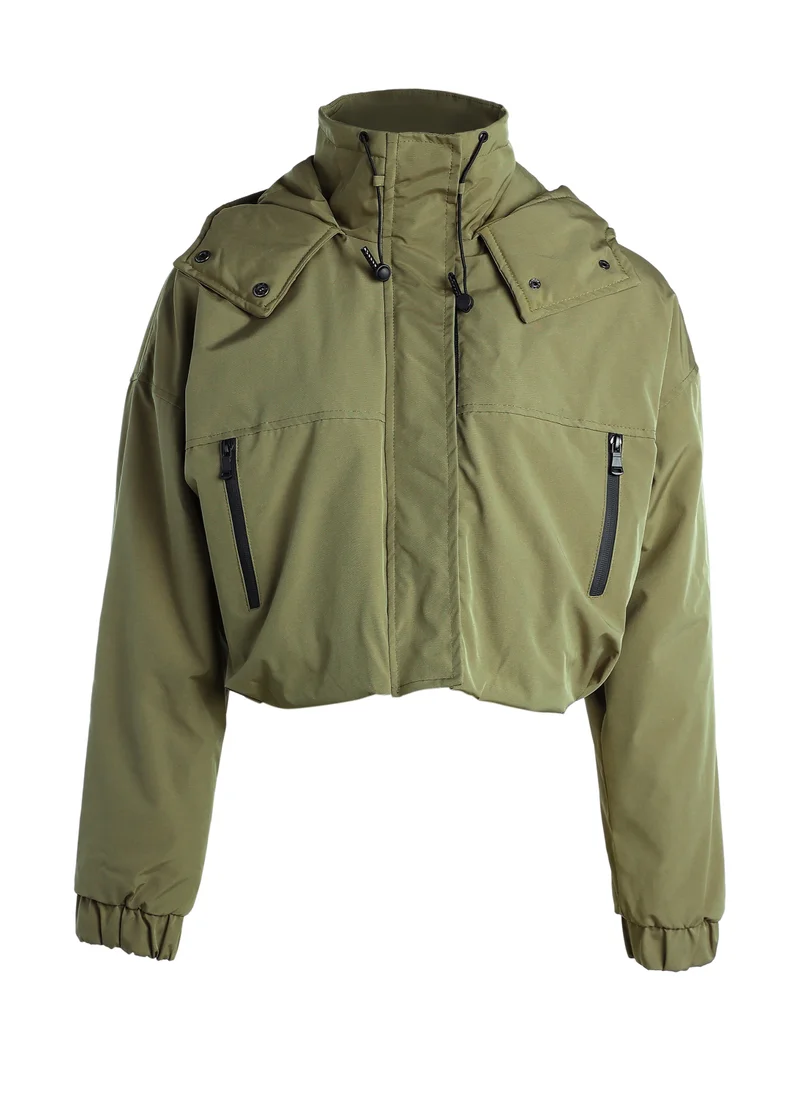 London Rag Drawstring Cropped Woven Jacket in Olive