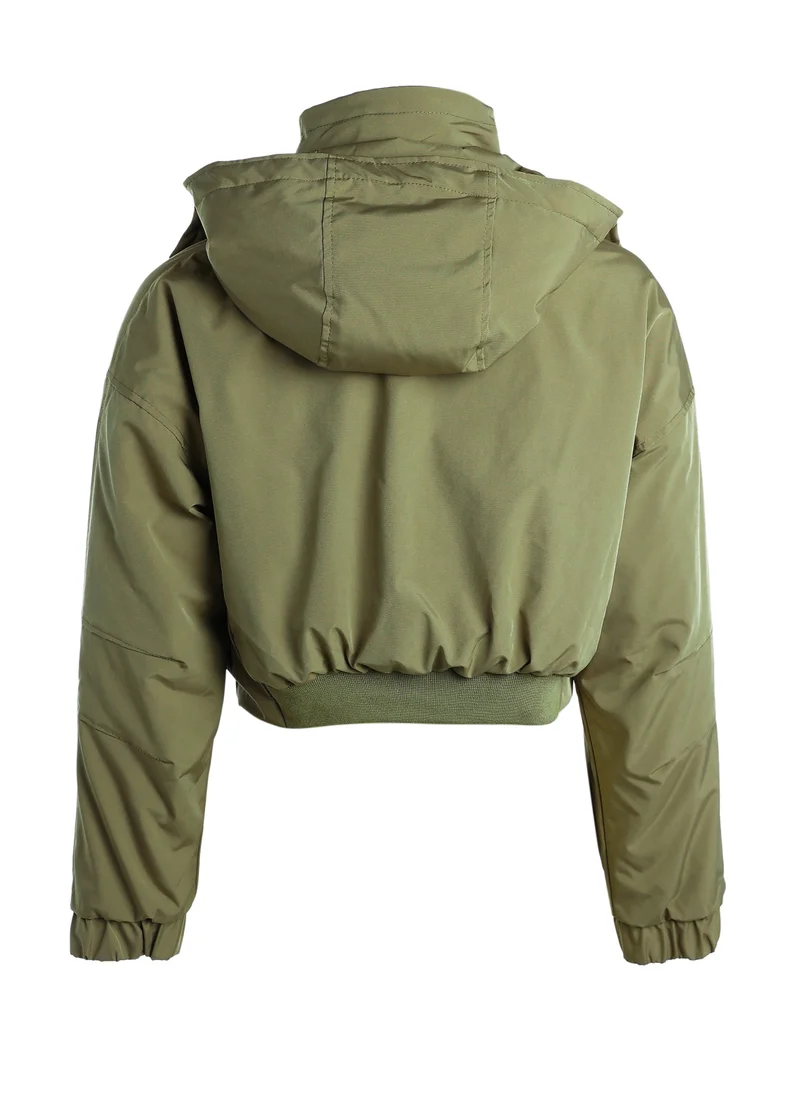 London Rag Drawstring Cropped Woven Jacket in Olive