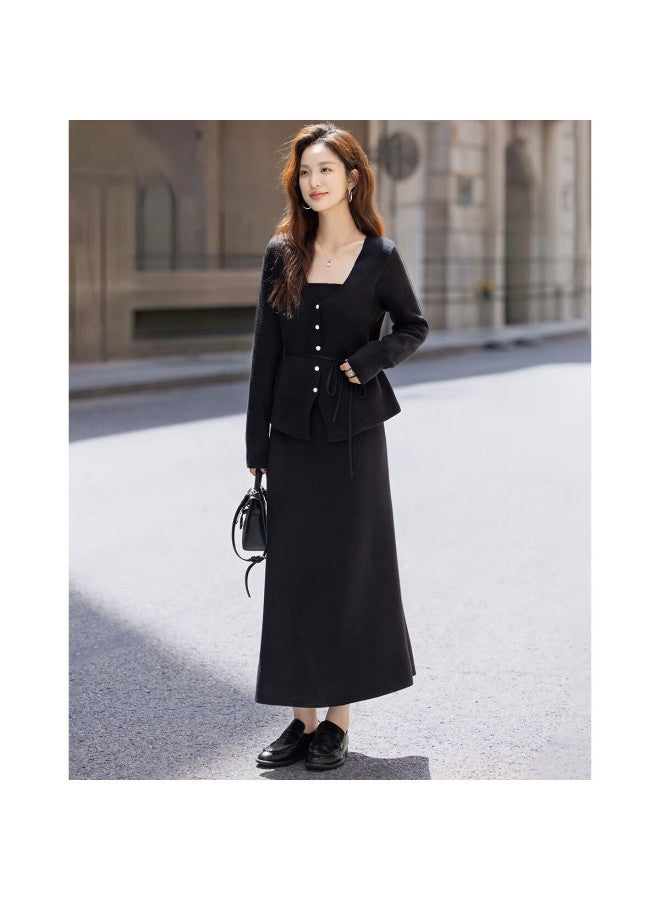 dme Demana Luxury Quiet Two-piece Set Winter Faux Two-piece V-neck Pearl Button Cardigan With Tie Waist Knit Skirt Women's Set - Image 1