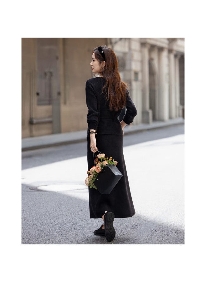 dme Demana Luxury Quiet Two-piece Set Winter Faux Two-piece V-neck Pearl Button Cardigan With Tie Waist Knit Skirt Women's Set - Image 4