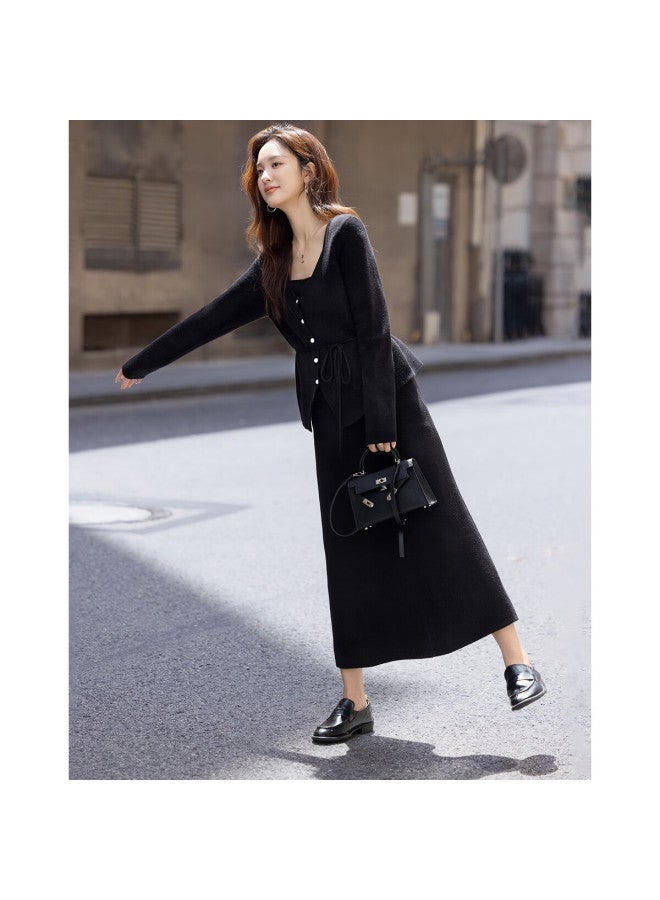 dme Demana Luxury Quiet Two-piece Set Winter Faux Two-piece V-neck Pearl Button Cardigan With Tie Waist Knit Skirt Women's Set - Image 2