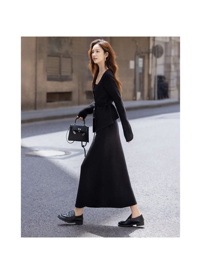 dme Demana Luxury Quiet Two-piece Set Winter Faux Two-piece V-neck Pearl Button Cardigan With Tie Waist Knit Skirt Women's Set - Image 5