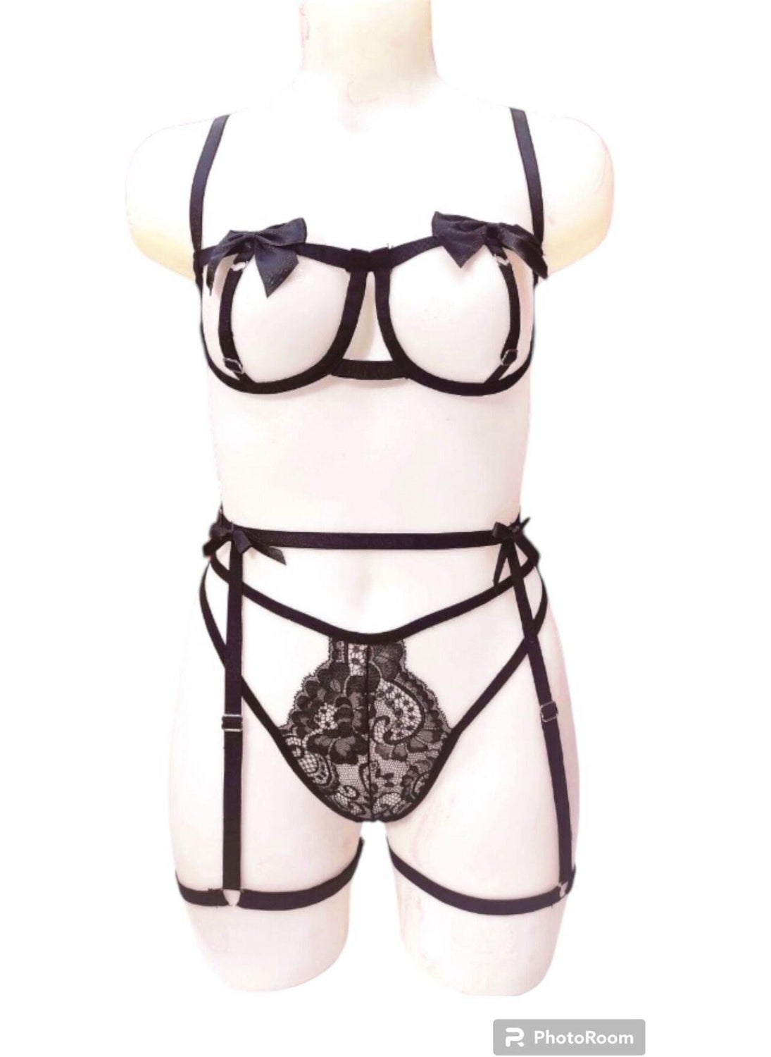 La Linaa Olga Black Women's Tulle Thong Panty Garter Set  - Image 3