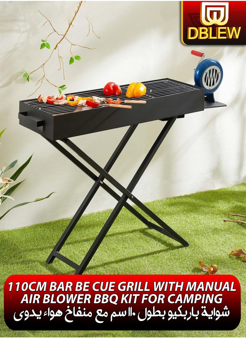 DBLEW Foldable Charcoal BBQ Grill 110cm With Manual Air Blower Fan Large Capacity Portable Stainless Steel Portable Adjustable Height Barbecue Grilling Rack with Stand, Anti-Scald Grill Clip Smoker Stand for Garden Backyard Hiking Picnics Beach Party, Cooking Mutton Kebabs, Tikka, Chicken Sausage, Beef Boti for 5-15 People  - Image 1