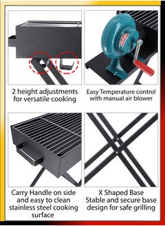 DBLEW Foldable Charcoal BBQ Grill 110cm With Manual Air Blower Fan Large Capacity Portable Stainless Steel Portable Adjustable Height Barbecue Grilling Rack with Stand, Anti-Scald Grill Clip Smoker Stand for Garden Backyard Hiking Picnics Beach Party, Cooking Mutton Kebabs, Tikka, Chicken Sausage, Beef Boti for 5-15 People  - Image 3