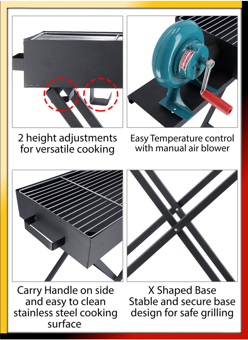 DBLEW Foldable Charcoal BBQ Grill 110cm With Manual Air Blower Fan Large Capacity Portable Stainless Steel Portable Adjustable Height Barbecue Grilling Rack with Stand, Anti-Scald Grill Clip Smoker Stand for Garden Backyard Hiking Picnics Beach Party, Cooking Mutton Kebabs, Tikka, Chicken Sausage, Beef Boti for 5-15 People  - Image 3