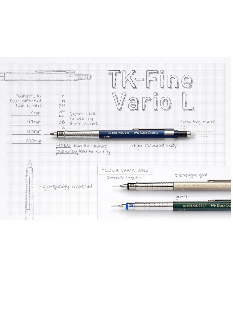 فابير كاستل قلم رصاص ميكانيكي من فابر كاستل TK-Fine Vario L بقطر 0.35 ملم باللون النيلي. الوضع الناعم: آلية توسيد ضد كسر الرصاص للكتابة العامة. الوضع الصلب: آلية تثبيت الرصاص للرسم والتصميم.  - Image 4