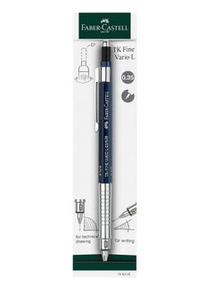 قلم رصاص ميكانيكي من فابر كاستل TK-Fine Vario L بقطر 0.35 ملم باللون النيلي. الوضع الناعم: آلية توسيد ضد كسر الرصاص للكتابة العامة. الوضع الصلب: آلية تثبيت الرصاص للرسم والتصميم.