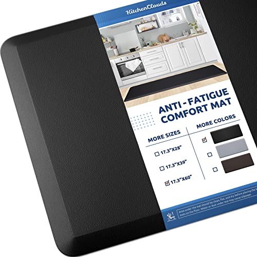 KitchenClouds Kitchen Mat Cushioned Anti Fatigue Rug 17.3"x60" Water Resistant Non Slip Standing Desk Mat Comfort Floor Mats for House Sink Office (Black) - Image 1