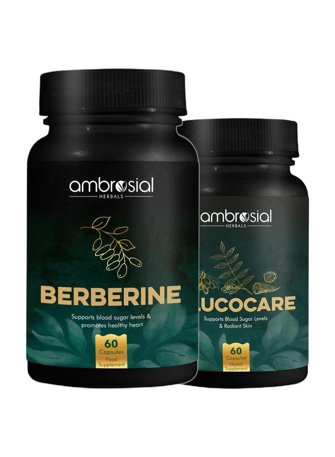 ambrosial Berberine to Support Sugar Level & Promotes Healthy Heart - 60 Capsules Food Supplement & Glucocare Bitter Melon Neem Black Plum (Jamun) Sugar Support Helps In Balancing Sugar 100% Natural Ingredients 60 Tablets Bundle - Image 1