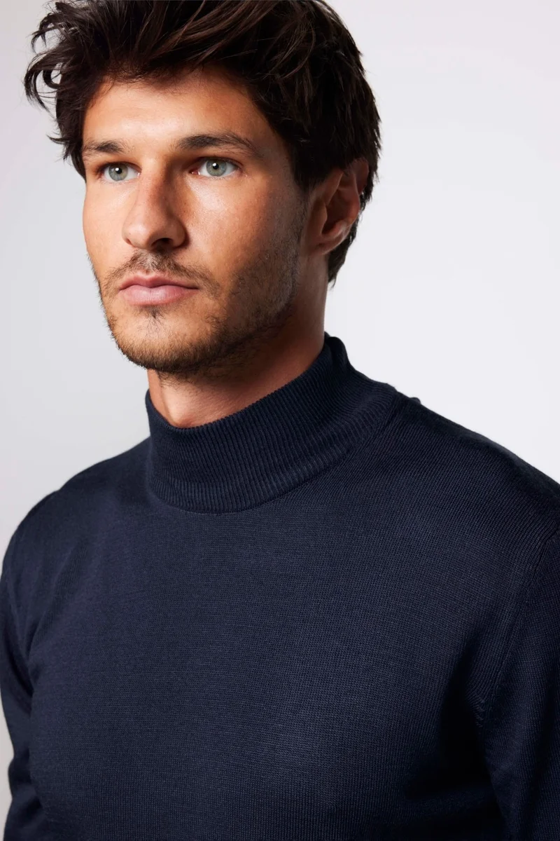تودورس Slim Fit Narrow Cut Half Turtleneck Non-Pilling Soft Textured Men's Navy Blue Sweater