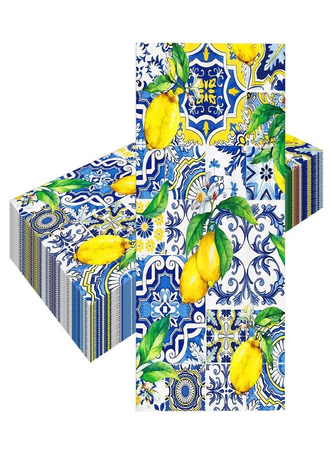 Ysqool 20 Pcs Lemon Napkins, Blue and Yellow Tile Lemon Disposable Guest Towels, Summer Fruit Napkins Decorative Paper Hand Towels for Bathroom Bridal Baby Shower Birthday Wedding Party Decorations - Image 1