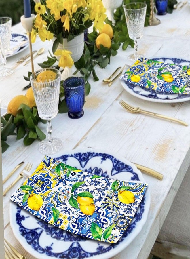 Ysqool 20 Pcs Lemon Napkins, Blue and Yellow Tile Lemon Disposable Guest Towels, Summer Fruit Napkins Decorative Paper Hand Towels for Bathroom Bridal Baby Shower Birthday Wedding Party Decorations - Image 5