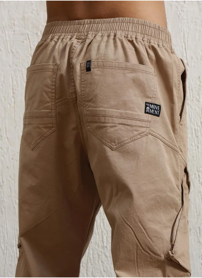 Hubberholme Men's Taupe Cotton Blend Solid Pattern Full Length Cargo Relaxed Trouser