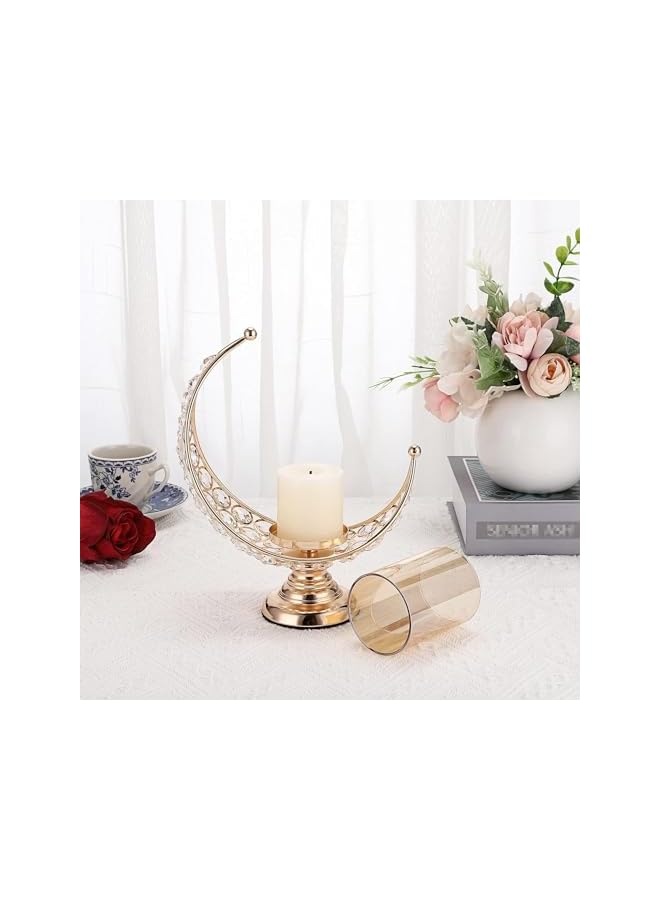 The Bros Gold Moon Shaped Crystal Pillar Candle Holder Tealight Holder Metal Crystal Moon Candle Stand Votive Candlestick Candle Lamp for Table Centerpiece EID Ramadan Decor - Image 5