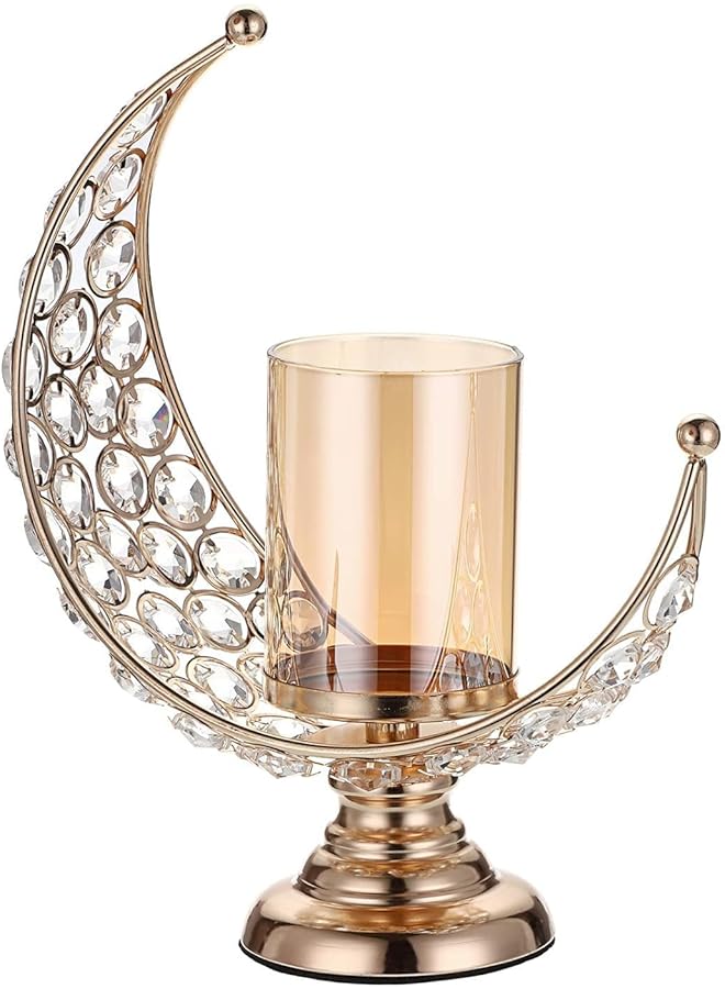 The Bros Gold Moon Shaped Crystal Pillar Candle Holder Tealight Holder Metal Crystal Moon Candle Stand Votive Candlestick Candle Lamp for Table Centerpiece EID Ramadan Decor - Image 1