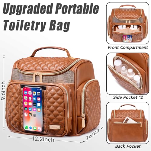 Tealari Large Leather Toiletry Bag for Women Men,Bathroom Bag,Water Resistant Shower Bag,Makeup Bag,Portable Shower Caddy for College Dorm,Hanging Travel Toiletry Bag with Transparent Waterproof Phone Pocket - Image 4