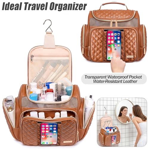 Tealari Large Leather Toiletry Bag for Women Men,Bathroom Bag,Water Resistant Shower Bag,Makeup Bag,Portable Shower Caddy for College Dorm,Hanging Travel Toiletry Bag with Transparent Waterproof Phone Pocket - Image 2