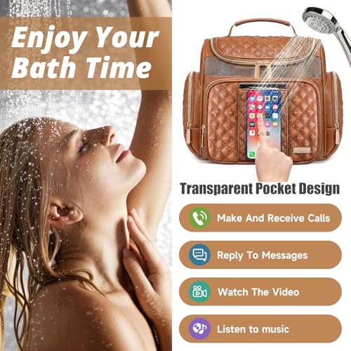 Tealari Large Leather Toiletry Bag for Women Men,Bathroom Bag,Water Resistant Shower Bag,Makeup Bag,Portable Shower Caddy for College Dorm,Hanging Travel Toiletry Bag with Transparent Waterproof Phone Pocket - Image 3