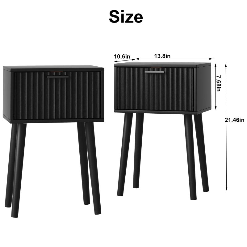 LAATOOREE Nightstands Set of 2, Small Side Table, Bedside Table with Fluted Door, Solid Wood Feet; Modern Mid-Century End Table for Bedroom, Small Space (Black) - Image 3