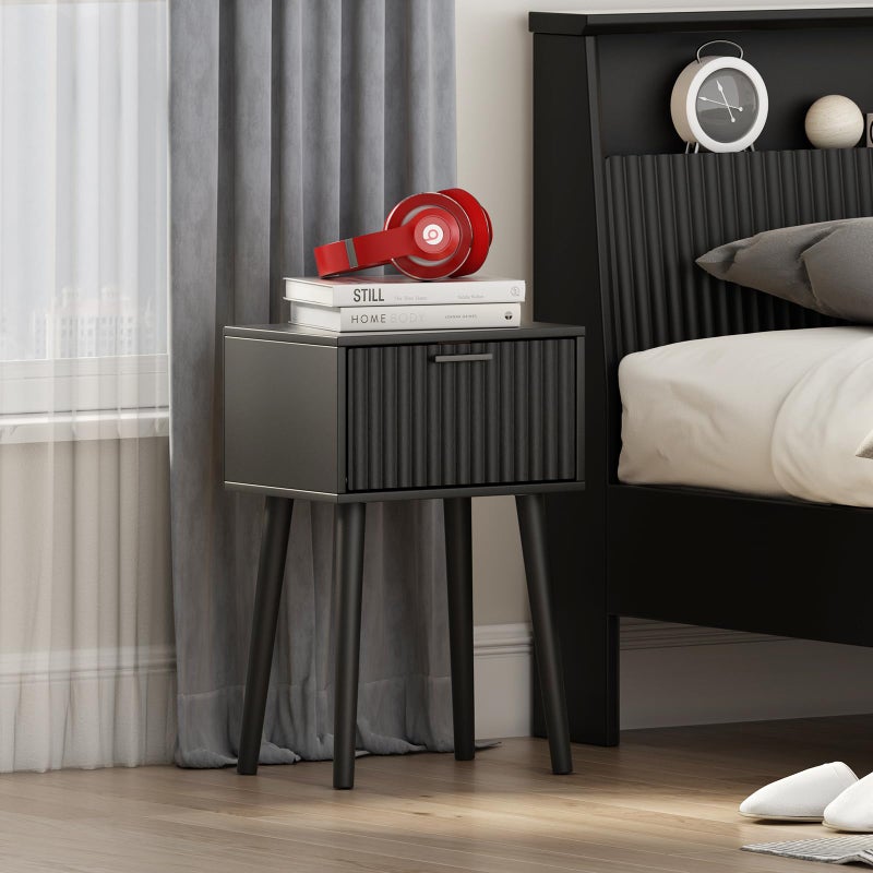 LAATOOREE Nightstands Set of 2, Small Side Table, Bedside Table with Fluted Door, Solid Wood Feet; Modern Mid-Century End Table for Bedroom, Small Space (Black) - Image 5