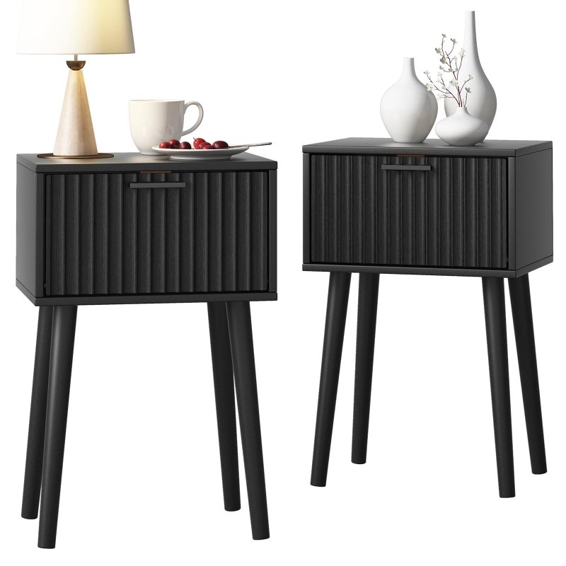 LAATOOREE Nightstands Set of 2, Small Side Table, Bedside Table with Fluted Door, Solid Wood Feet; Modern Mid-Century End Table for Bedroom, Small Space (Black) - Image 1