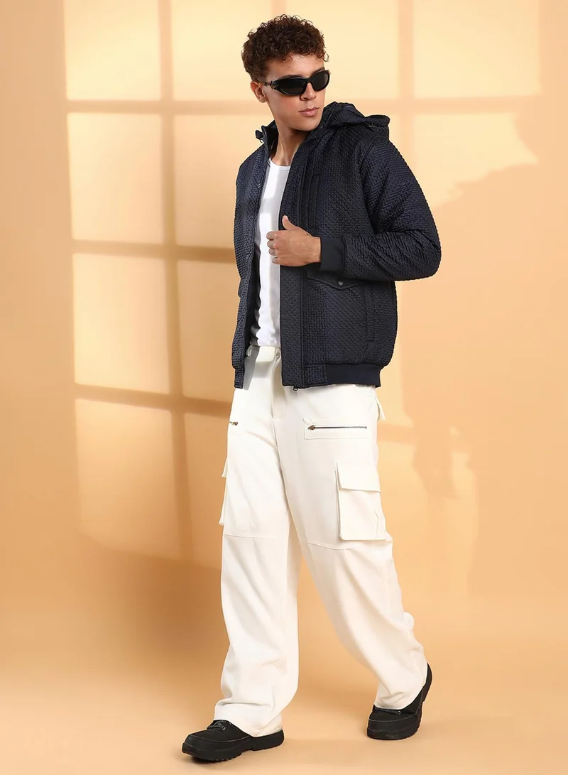 CAHOOT Blue Men's Navy Blue Self-Design Diamond Puffer Jacket With Fleece Hood for Men | Best Price UAE