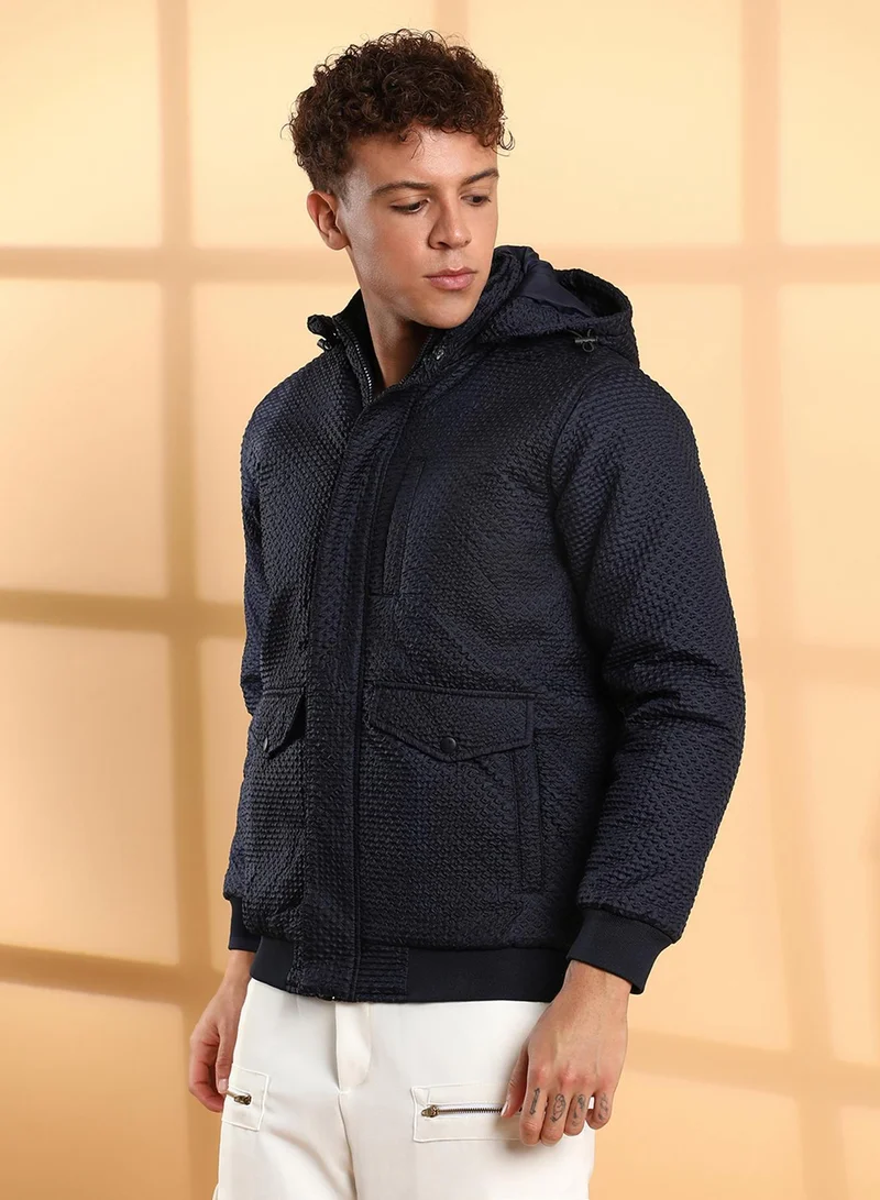 CAHOOT Blue Men's Navy Blue Self-Design Diamond Puffer Jacket With Fleece Hood for Men | Best Price UAE