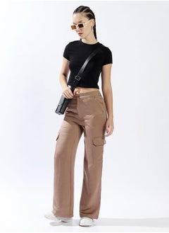 HIGH STAR Women Trousers, Wide Leg, Solid, Dark Beige, in 100% Polyester, Elasticated closure, Woven weave, High-Rise waist, perfect for Casual. Fashion meets functionâ€”grab it!  - Image 1