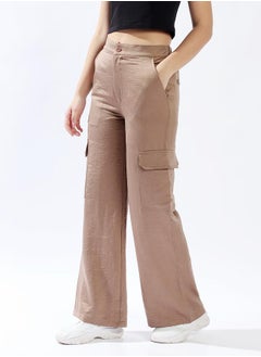 HIGH STAR Women Trousers, Wide Leg, Solid, Dark Beige, in 100% Polyester, Elasticated closure, Woven weave, High-Rise waist, perfect for Casual. Fashion meets functionâ€”grab it!  - Image 3