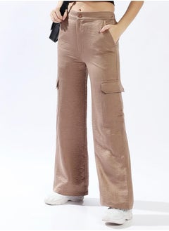 HIGH STAR Women Trousers, Wide Leg, Solid, Dark Beige, in 100% Polyester, Elasticated closure, Woven weave, High-Rise waist, perfect for Casual. Fashion meets functionâ€”grab it!  - Image 2