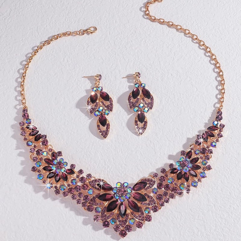 fxmimior Vintage Purple Crystal Rhinestone Statement Choker Bib Statement Necklace Earring Set Sparkly Chunky Cluster Leaf Flower Necklace Dangle Earrings Set Party Prom Bar Costume Jewelry Sets (Purple) - Image 3