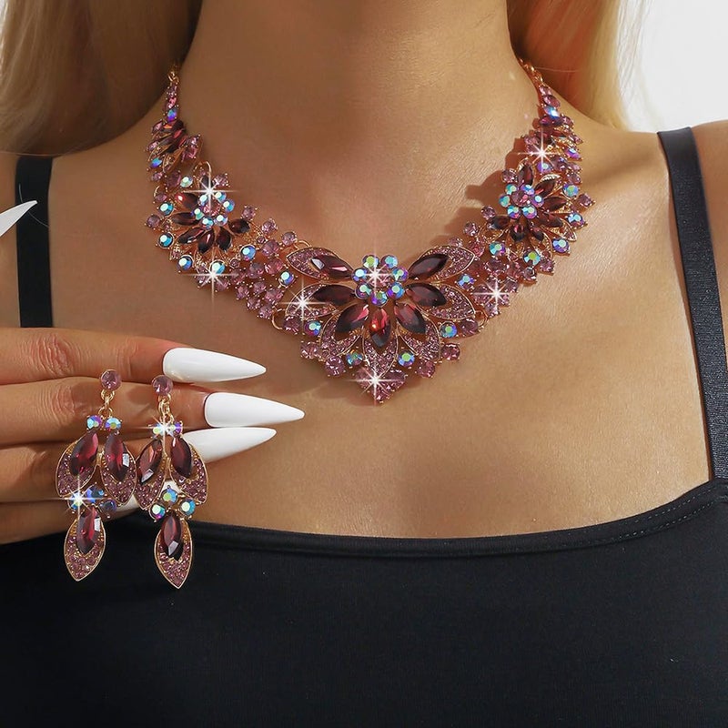 fxmimior Vintage Purple Crystal Rhinestone Statement Choker Bib Statement Necklace Earring Set Sparkly Chunky Cluster Leaf Flower Necklace Dangle Earrings Set Party Prom Bar Costume Jewelry Sets (Purple) - Image 2