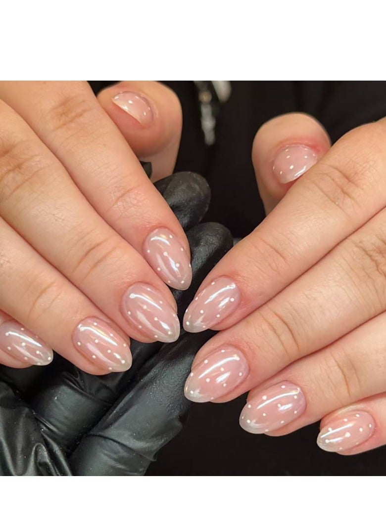 JOSQUEWNN 24PCS False Nails, Nude Pink Almond Fake Nails, Glossy Press On Nails With White Dot Design, Reusable Artificial Nails For Women Girls, DIY Nail Art,Acrylic Nails With Glue Kit. - Image 1