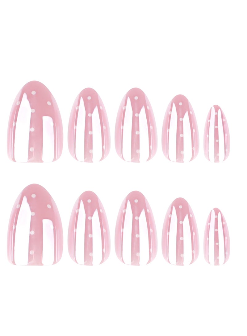 JOSQUEWNN 24PCS False Nails, Nude Pink Almond Fake Nails, Glossy Press On Nails With White Dot Design, Reusable Artificial Nails For Women Girls, DIY Nail Art,Acrylic Nails With Glue Kit. - Image 3