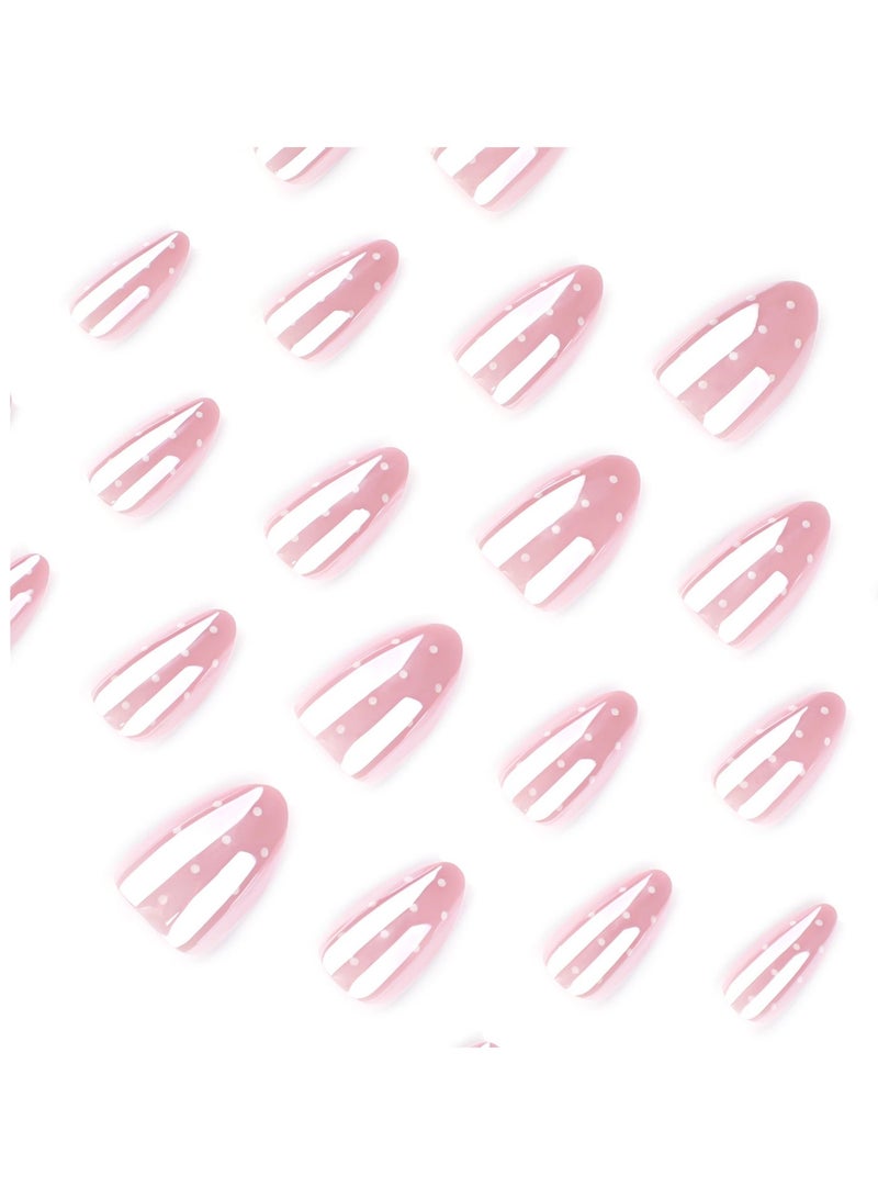 JOSQUEWNN 24PCS False Nails, Nude Pink Almond Fake Nails, Glossy Press On Nails With White Dot Design, Reusable Artificial Nails For Women Girls, DIY Nail Art,Acrylic Nails With Glue Kit. - Image 5