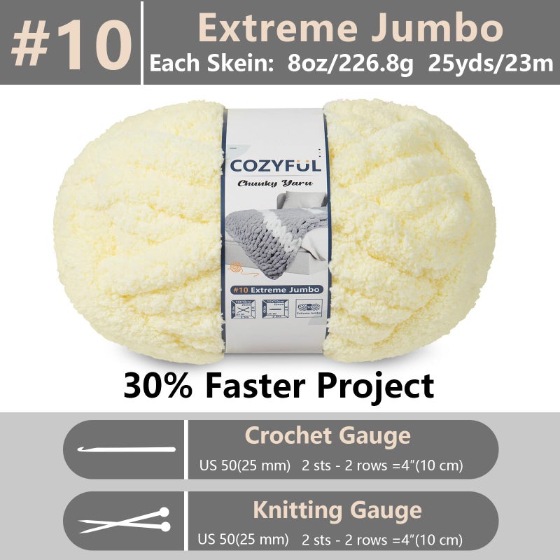 Cozyful Chunky Yarn for Hand Knitting - #10 Chunky Chenille Yarn, Jumbo Big Thick Chunky Yarns for Crocheting, Super Bulky Chunky Knit Blanket Yarns, 8 Skein (25 yds 8 oz Each Skein), Light Yellow - Image 2