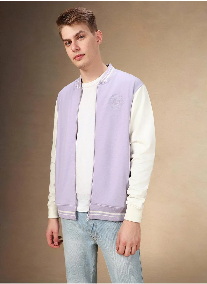 دينيس لينغو Men's Lavender Polyester Blend Colour Blocked Regular Fit Sweatshirt