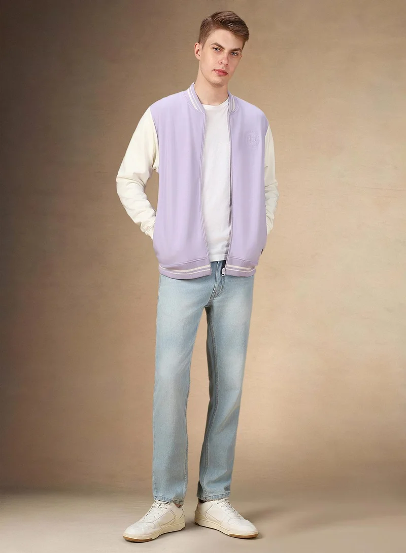 Dennis Lingo Men's Lavender Polyester Blend Colour Blocked Regular Fit Sweatshirt