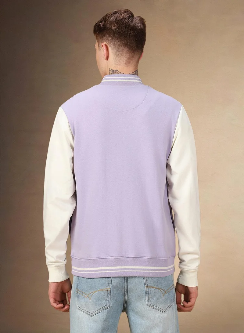 Dennis Lingo Men's Lavender Polyester Blend Colour Blocked Regular Fit Sweatshirt